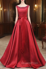 Burgundy Bateau Satin Beading Evening Prom Dress