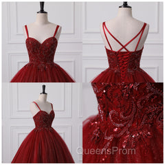 Burgundy Bling Tulle Ball gowns Long Evening Prom Dress with Embroidered Sequins