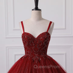 Burgundy Bling Tulle Ball gowns Long Evening Prom Dress with Embroidered Sequins
