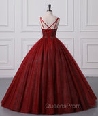 Burgundy Bling Tulle Ball gowns Long Evening Prom Dress with Embroidered Sequins