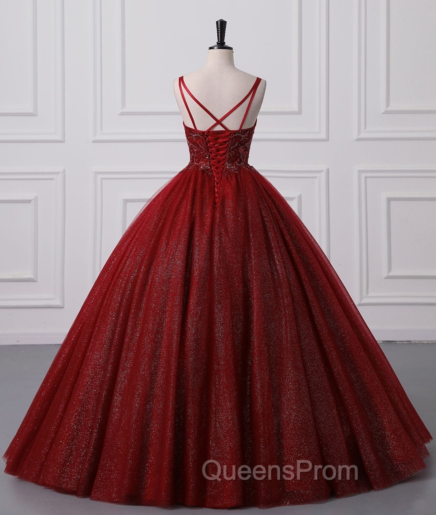 Burgundy Bling Tulle Ball gowns Long Evening Prom Dress with Embroidered Sequins