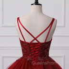 Burgundy Bling Tulle Ball gowns Long Evening Prom Dress with Embroidered Sequins