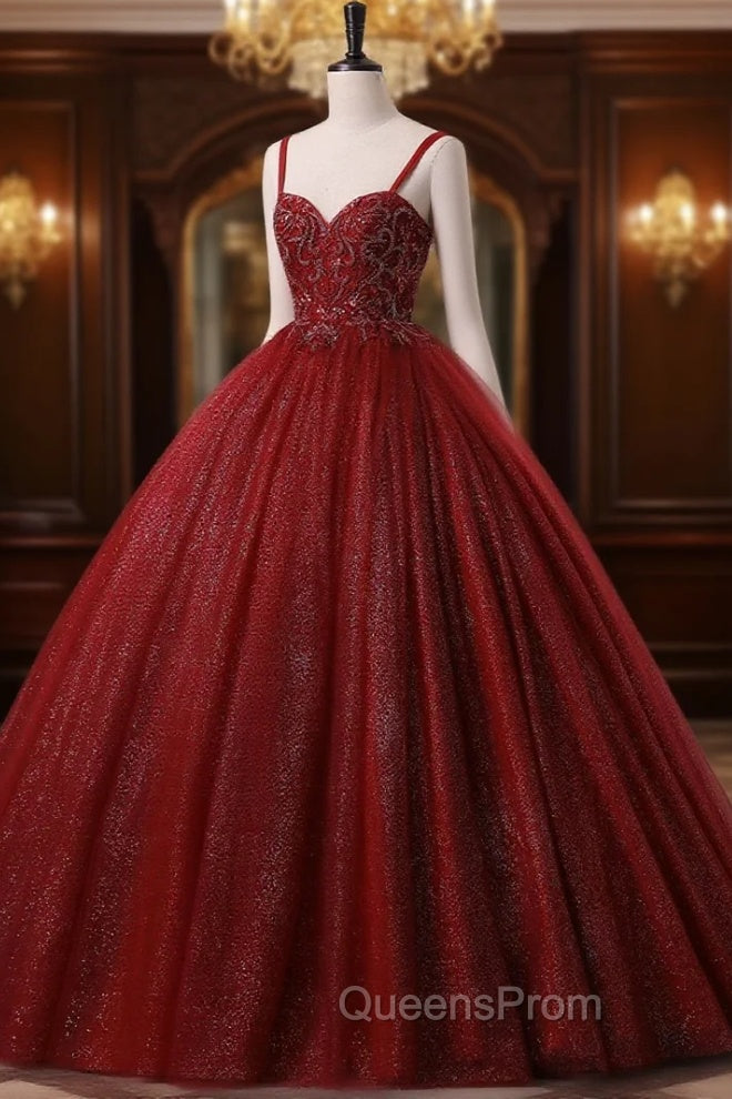 Burgundy Bling Tulle Ball gowns Long Evening Prom Dress with Embroidered Sequins Main image