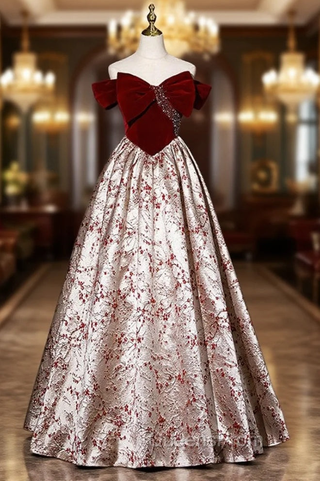 Burgundy Bow Velvet Off the Shoulder Beading Evening Prom Dress Main image