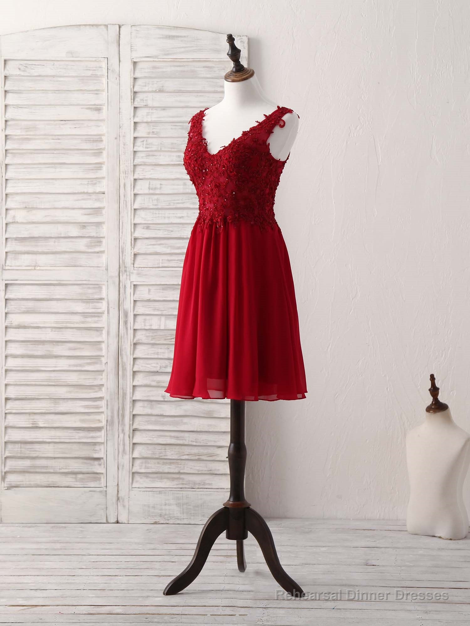 Burgundy Chiffon Lace Short Prom Dress Burgundy Homecoming Dress Main image