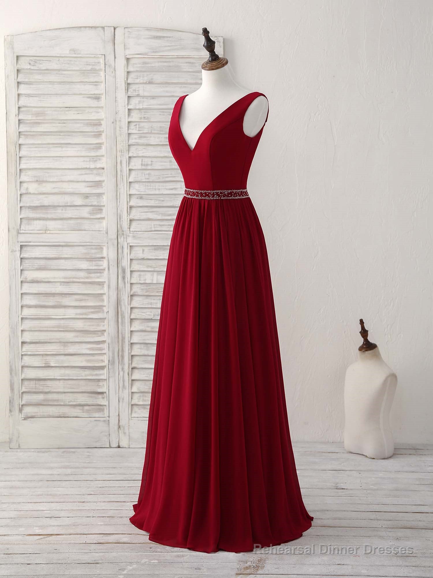 Burgundy Chiffon V Neck Beads Long Prom Dress Burgundy Evening Dress