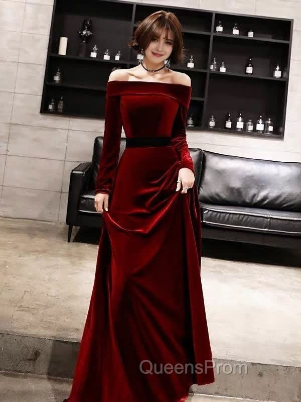 Burgundy Classic Evening Dress Velvet Long Sleeve Off Shoulder Evening Prom Dress Secondary image
