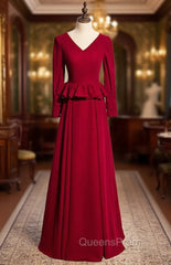 Burgundy Deep V-neck Long Sleeve Evening Prom Dress