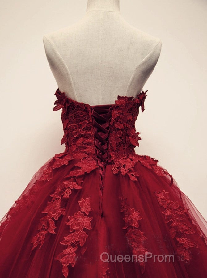 Burgundy Floral Lace Sweetheart Tulle Ball Gown Wedding Dress
