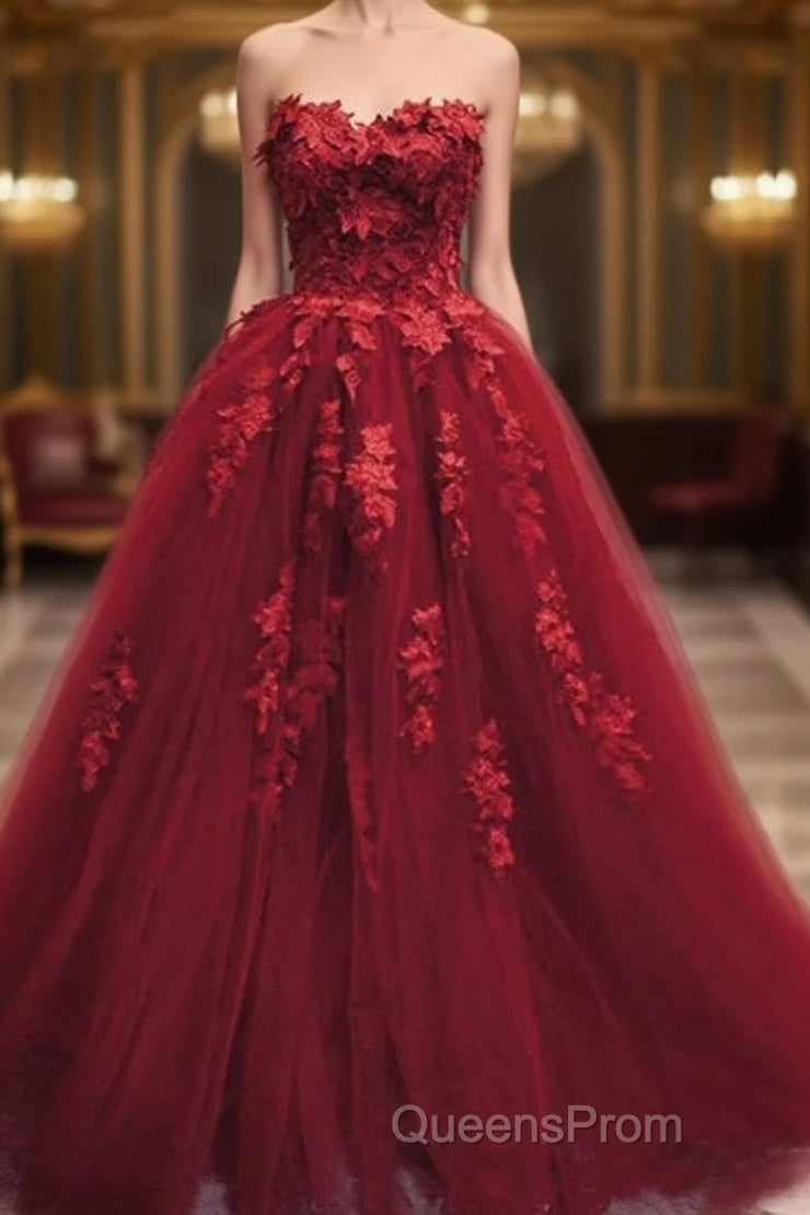 Burgundy Floral Lace Sweetheart Tulle Ball Gown Wedding Dress Main image