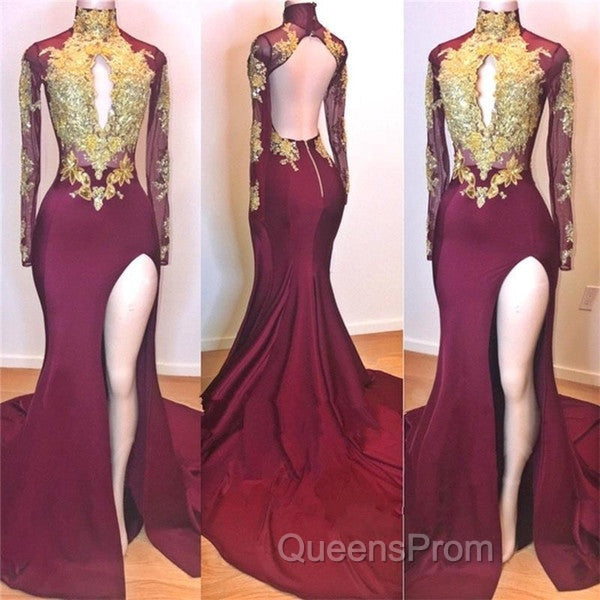 Burgundy Gold Appliques Long Sleevess Side Slit Open Back Mermaid Evening Prom Dress Secondary image