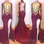 Burgundy Gold Appliques Long Sleevess Side Slit Open Back Mermaid Evening Prom Dress