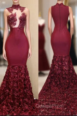 Burgundy Gold Appliques Long Sleevess Side Slit Open Back Mermaid Evening Prom Dress