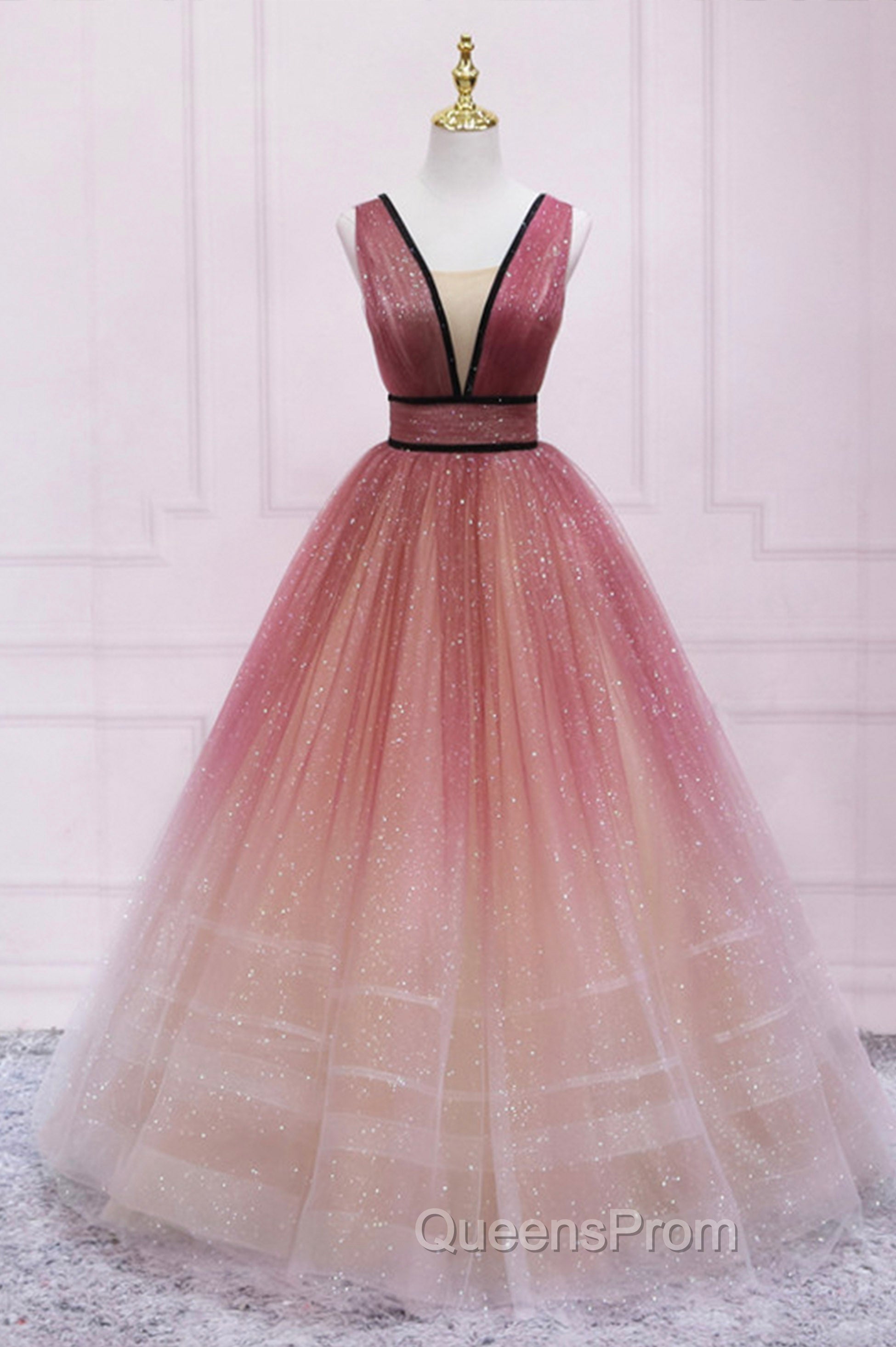 Burgundy Gradient Tulle Long Evening Dress, A-Line V-Neck Graduation Party Dress Main image