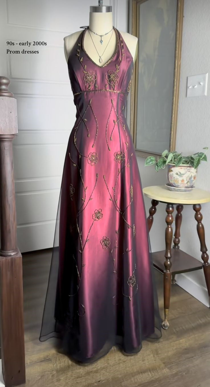 Vintage Fuchsia Halter-Neck A-Line Beaded Chiffon Long Classy Prom Dress Classy Evening Gown