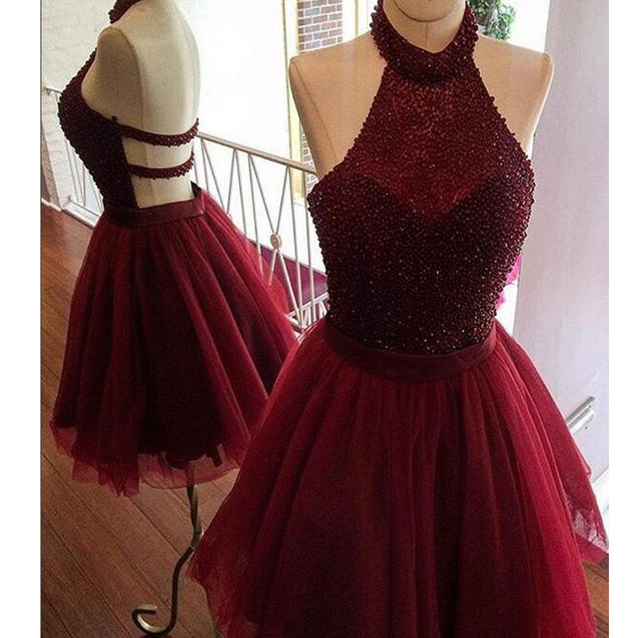 Burgundy Halter Beaded Open Back Unique homecoming Dress