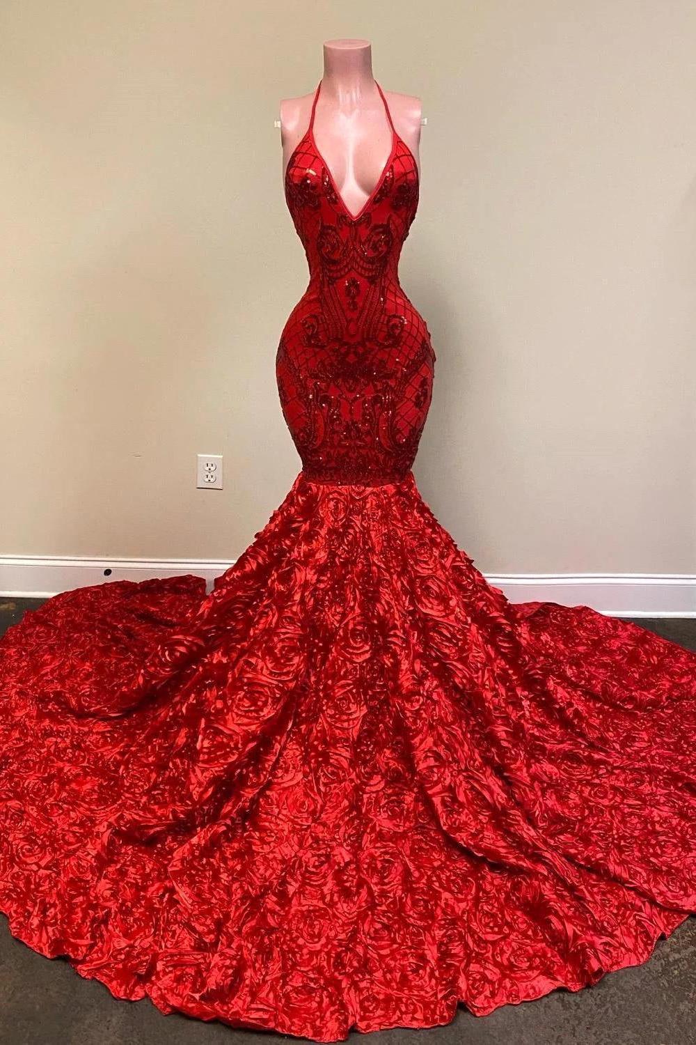 Burgundy Halter Mermaid V-Neck Low Back Flowers Prom Dresses
