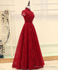 Burgundy High Low Lace Long Prom Dress, Burgundy Evening Dress