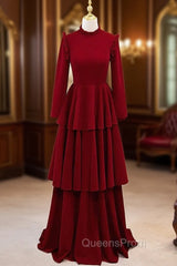 Burgundy High Neck Long Sleeve Evening Prom Dress