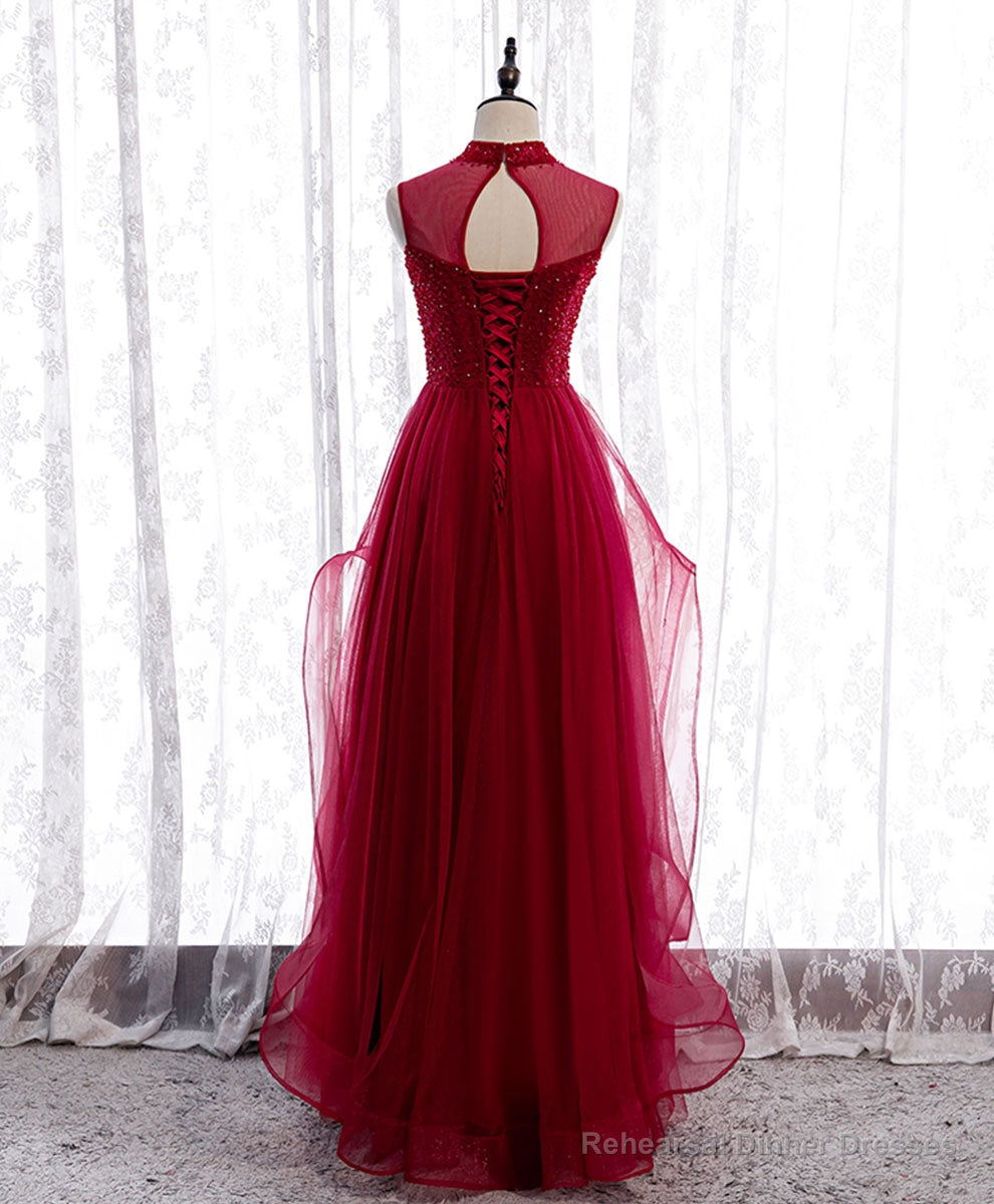 Burgundy High Neck Tulle Sequin Beads Long Evening Dresses Secondary image