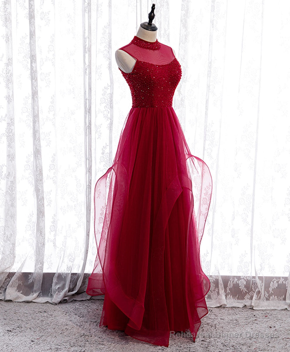 Burgundy High Neck Tulle Sequin Beads Long Evening Dresses Main image