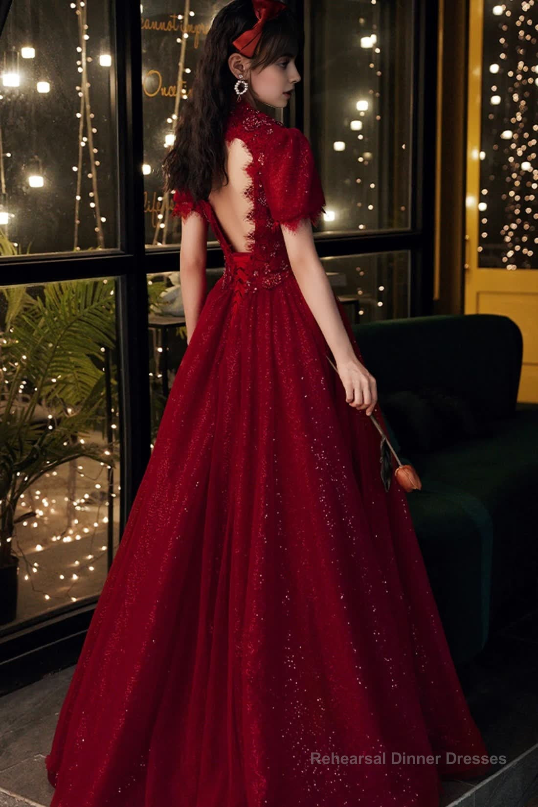 Burgundy Lace Long A Line Prom Dress Formal Dress Secondary image