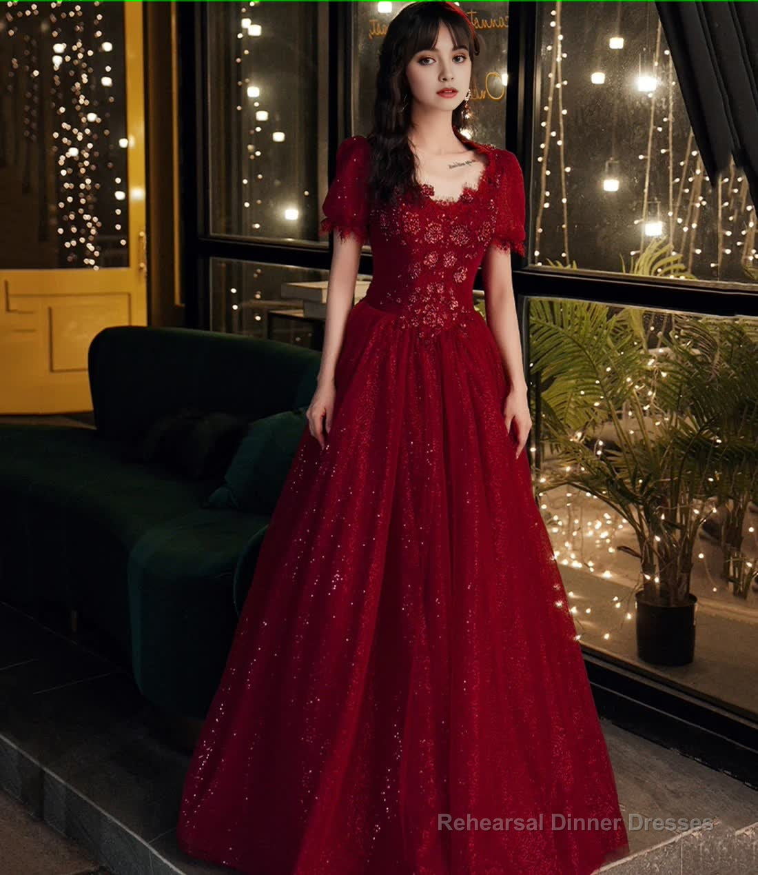 Burgundy Lace Long A Line Prom Dress Formal Dress Main image