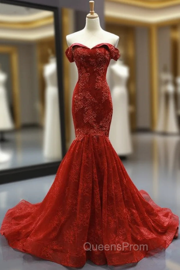 Burgundy Lace Mermaid Off The Shoulder Evening Prom Dress With Beading