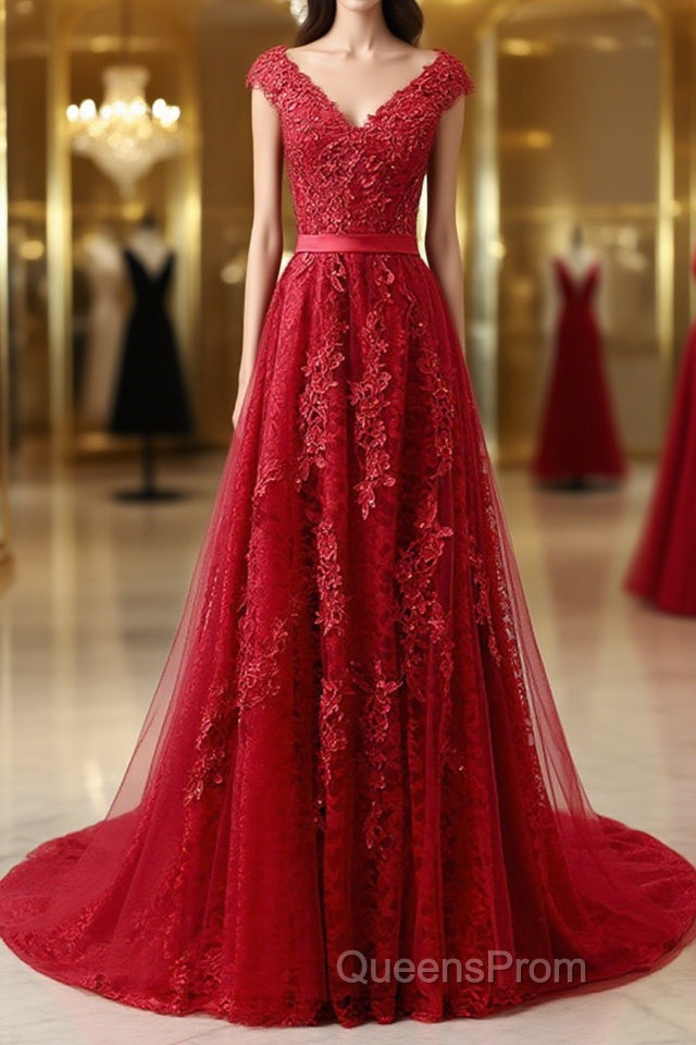 Burgundy Lace Evening Prom Dress with Train, Wine Red Lace Formal Evening Dress Main image