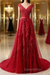 Burgundy Lace Evening Prom Dress with Train, Wine Red Lace Formal Evening Dress