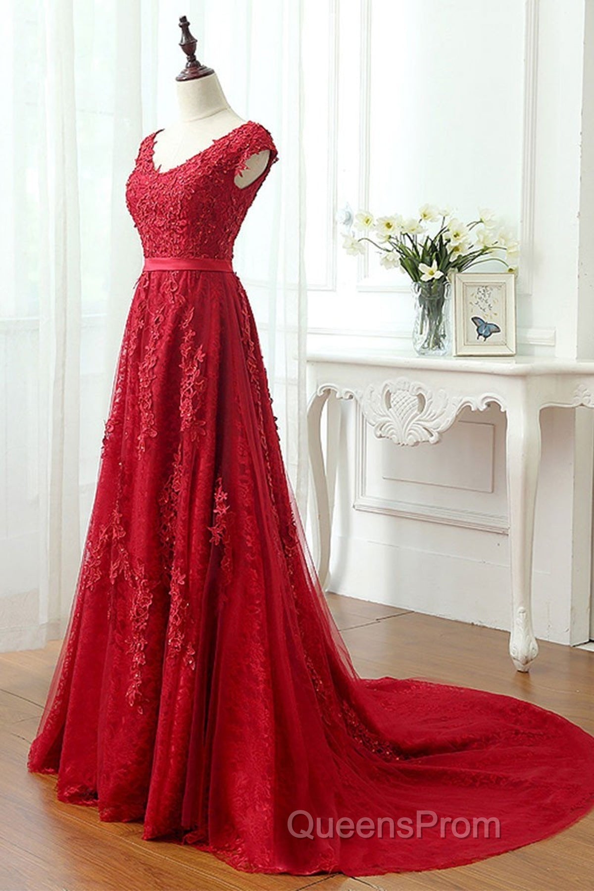 Burgundy Lace Evening Prom Dress with Train, Wine Red Lace Formal Evening Dress Secondary image