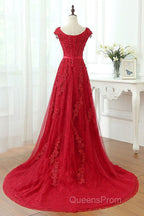 Burgundy Lace Evening Prom Dress with Train, Wine Red Lace Formal Evening Dress