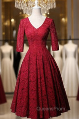 Burgundy Lace Short Sleeve V-neck Short Evening Prom Dress