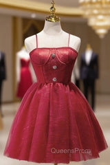 Burgundy Lace Spaghetti Straps Homecoming Dress