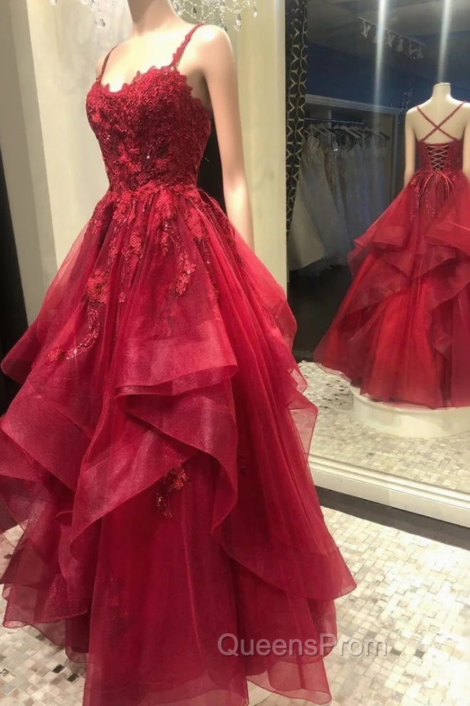 Burgundy Lace Tulle Layers Long Evening Prom Dress, A-Line Evening Party Dress Main image