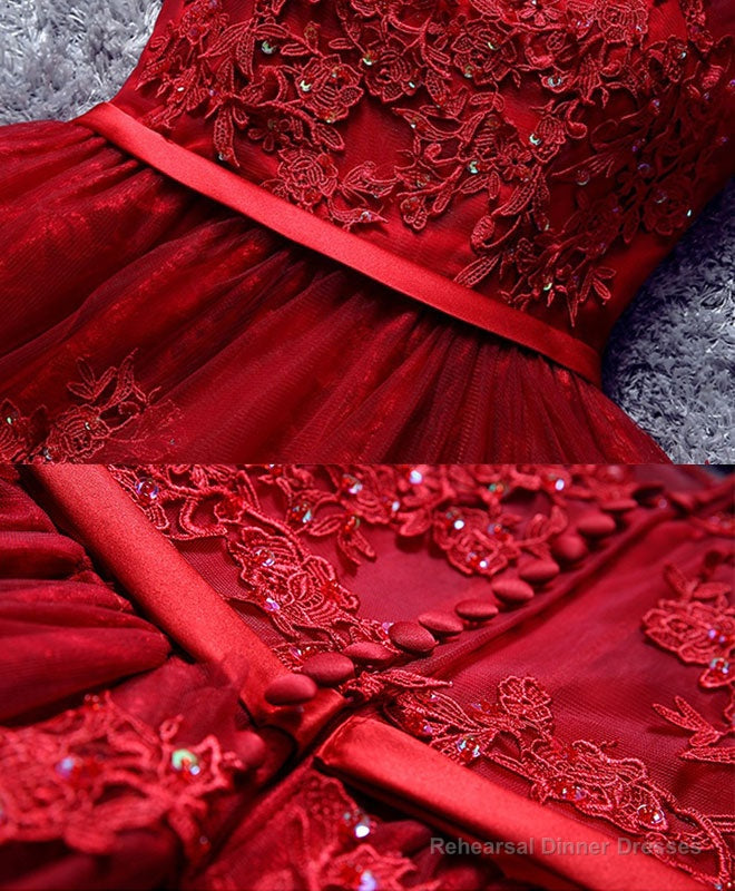 Burgundy Lace Tulle Short Prom Dress, Lace Homecoming Dresses