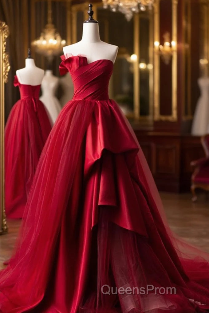 Burgundy Long Evening Prom Dress, Burgundy Satin Formal Long Evening Dress