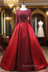 Burgundy Long Sleeve Beading Evening Prom Dress