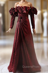 Burgundy Long Sleeve Pleats Evening Prom Dress