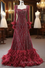 Burgundy Long Sleeve Square Beading Evening Prom Dress