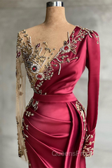 Burgundy Long Sleeves Mermaid Evening Prom Dress With Beadings