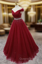 Burgundy Long Tulle Off Shoulder Evening Prom Dress , Junior Evening Prom Dress