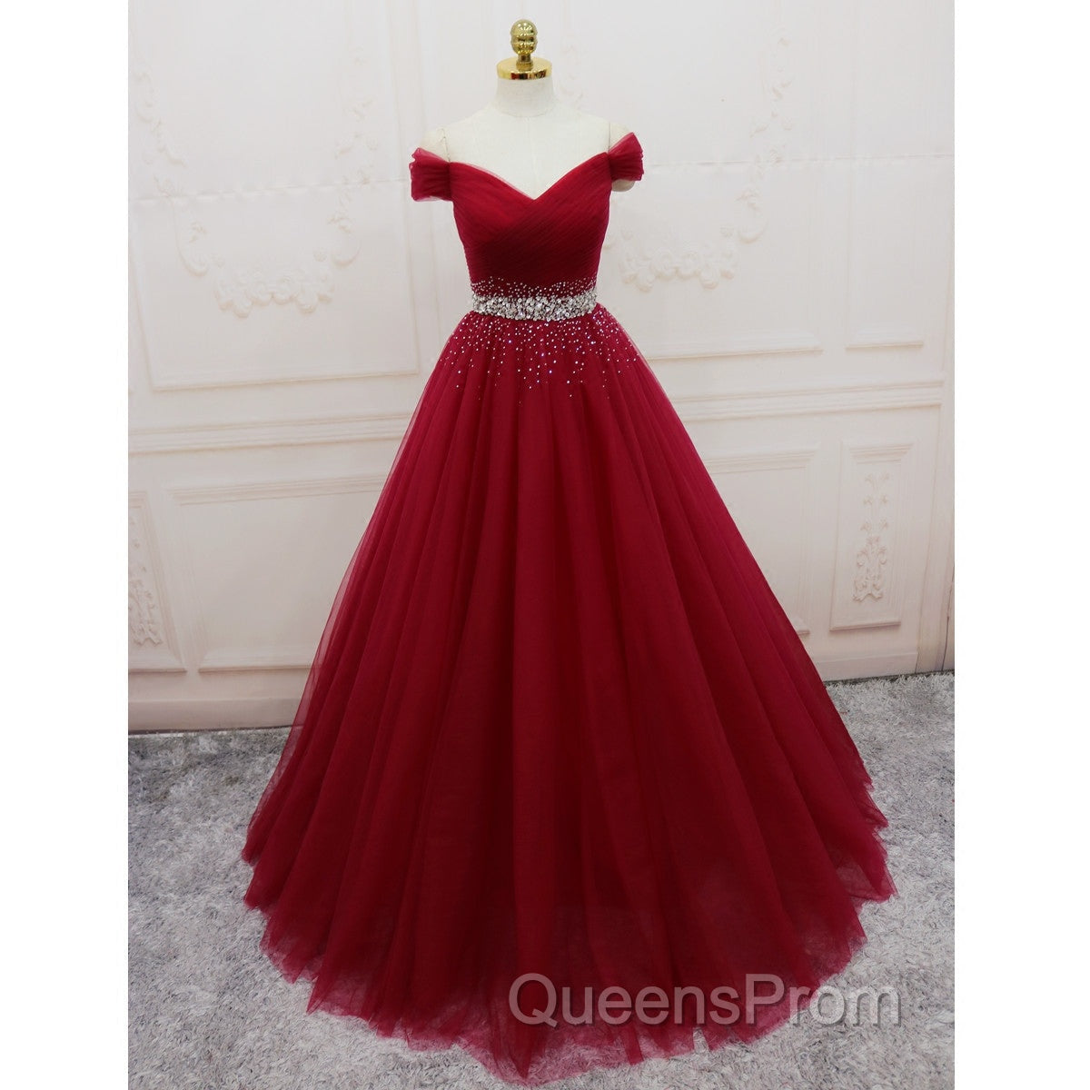 Burgundy Long Tulle Off Shoulder Evening Prom Dress , Junior Evening Prom Dress