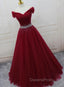 Burgundy Long Tulle Off Shoulder Evening Prom Dress , Junior Evening Prom Dress