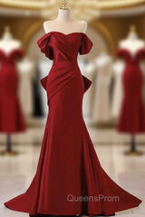Burgundy Memraid Off the Shoulder Bow Evening Prom Dress