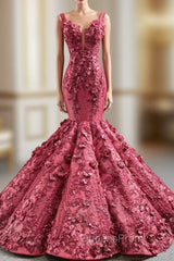 Burgundy Mermaid 3D Appliques Beading Straps Evening Prom Dress