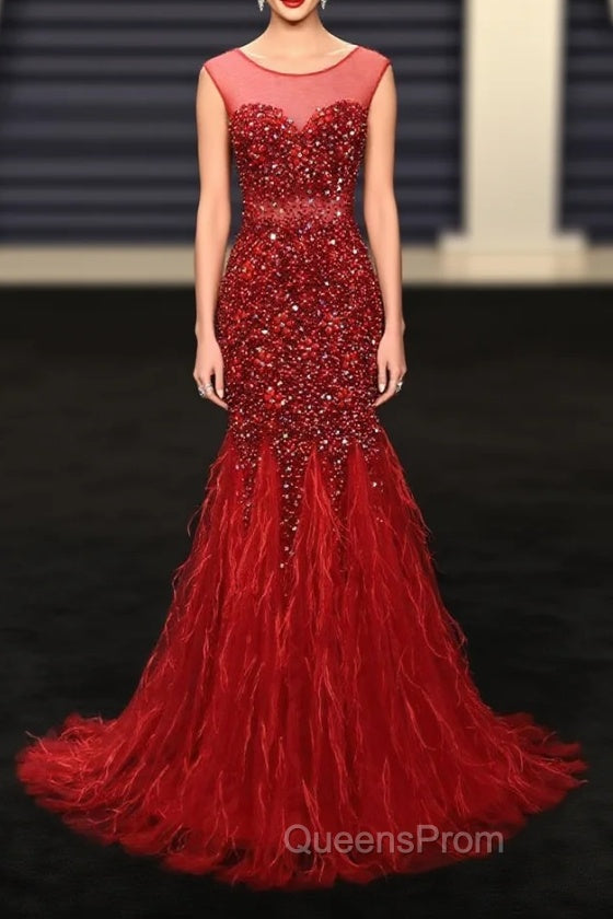 Burgundy Mermaid Beading Sequins Feather Evening Prom Dress