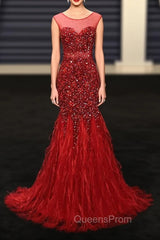 Burgundy Mermaid Beading Sequins Feather Evening Prom Dress