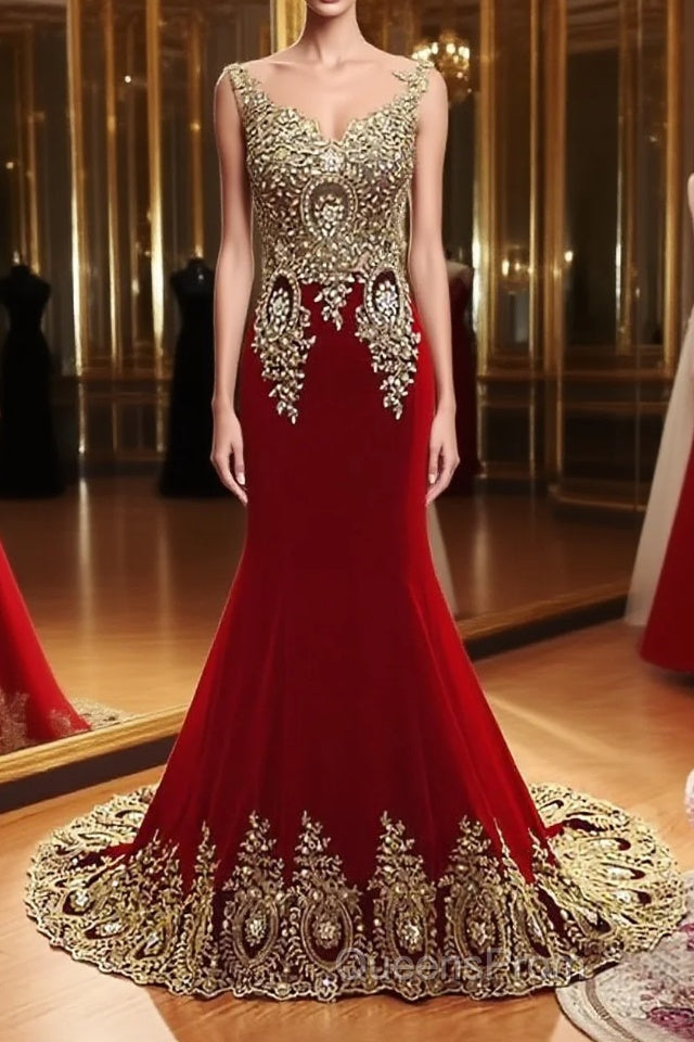 Burgundy Mermaid Beads Lace Appliques Chiffon Long Evening Prom Dress, Burgundy Mermaid Formal Dress, Evening Dress Main image