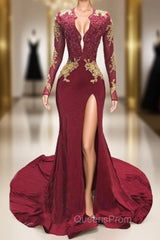 Burgundy Mermaid Deep V-neck Long Sleeve Backless Evening Prom Dress